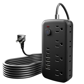 Versatile 14-in-1 Power Outlet with 8 AC Outlets and 6 USB Ports (4A and 2C) - Short Cord, Ideal for Travel, 1080J Surge Protection, Wall Mount, Desktop Charging (Black, 5FT)