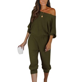 PRETTYGARDEN Women's 2 Piece Ribbed Tracksuit Outfits Off Shoulder Long Sleeve Pullover Long Pants with Pockets (Army Green,XX-Large)