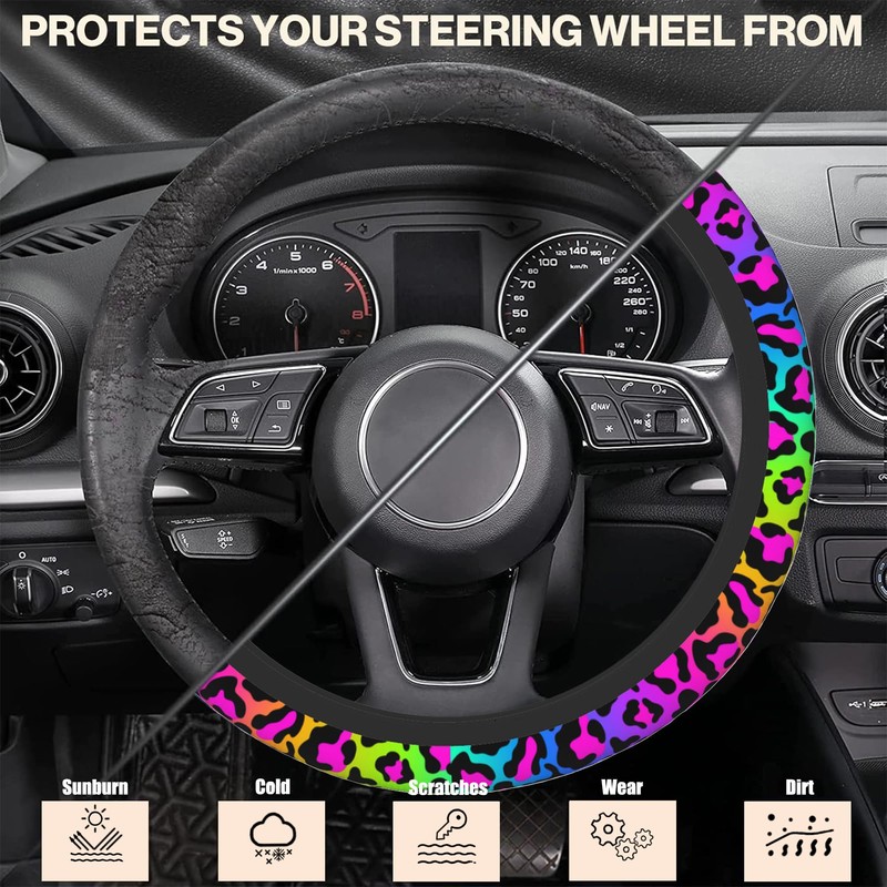 Rainbow Leopard Steering Wheel Cover,Cheetah Spots Elastic Non-Slip Steering Wheel