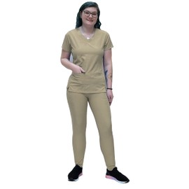 ANGIE UNIFORMS YOGAFLEX Jogger Scrubs for Women Set. Regular and PETITE. Side Spandex 2 Pockets Top with Yoga Waist Joggers. PETA410 (KHAKI, XL PET)