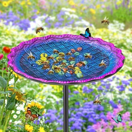 Bee Butterflies Watering Station, Standing Bee Feeder with Glass Marbles for Outside, Bee Bath Feeder with Metal Stakes Butterfly Puddler Garden Yard Déco (Blue)