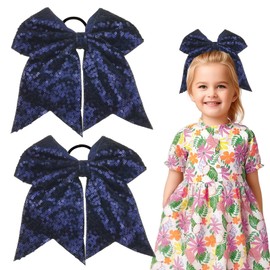 2 PCS 8" Large Cheer Bows Sequin Cheer Hair Bows Ponytail Holders Cheerleading Bows for Jumbo Cheerleading Teen Girls Sports (Navy)