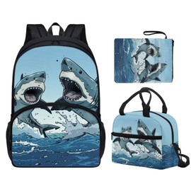 XXQGOMG Shark Backpack for Boys 8-12 Shark Backpack and Lunch Box Set of 3 Kids Elementary School Backpack with Water Bottle Pocket School Supplies