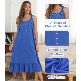 QRRLUEN - Camisón sin mangas para mujer, camisón largo de algodón, para dormir, camisón de dormir, 100% algodón, Azul Real, L