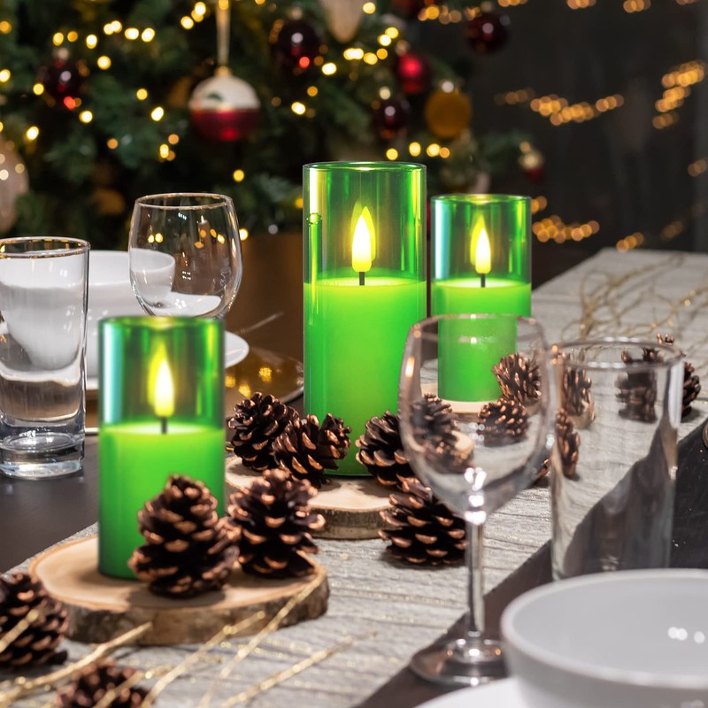 Girimax Green Glass Flameless Candles with Remote, Flickering LED Votive