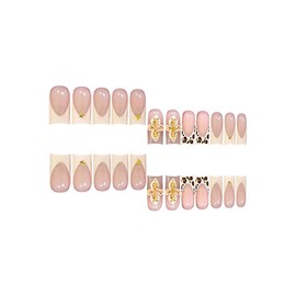 Leopard French Tip Press on Nails Medium Square Fake Nails with 3D Flower Star Designs Nial Tisp False Nails Glossy Pink Acrylic Artificial Nails Spring Summer Glue on Nails for Women Girls 24Pcs