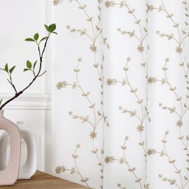 Bujasso White Beige Floral Semi Sheer Curtains 84 inch Embroidered Leaf Patterned Window Curtain Panels with Lined Farmhouse Light Filtering Drapes for Living Room Bedroom Grommet Top W38 xL84 x2