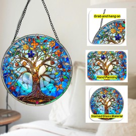 Tree of Life Suncatcher 8 Inch Stained Glass Metal Chain Hooks – Hanging Indoor/Outdoor Window Wall Art Home Décor -Gift for Women Men Valentine's Day Thanksgiving Ornaments Festival Gifts(Blue Tree)