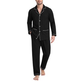 MoFiz Long Sleeve Cotton Pajamas Set for Men Comfy Button Up Lounge Sleepwear 2 Pcs Pj Sets and Long Pant with Drawstring Black L