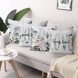 ASDCXZ Frühling Kissenbezug 50x50 cm 4er Set, Frisch Aquarell Blume Muster Blau Sofa Dekokissen Kissenbezüge Kissenhülle Waschbar Polyester Flachs Textil Outdoor Polster Kopfkissenbezug Kissen Bezug