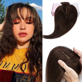 Elailite Hair Topper Extensions Women Toupee with Bang 100% Remy Real Hair 7 x 13 cm Base Clip in Hair Thickening #02 Dark Brown - 35 cm