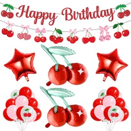 Cherry Birthday Decorations, Cherry Party Decorations Kit Includes Cherry Balloons, Happy Birthday Banner Cher ry Garland, Cher ry Bows Birthday Decor for Girls