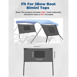 KEMIMOTO Detachable Mesh Sidewalls Universal for 3 Bow Bimini Tops, with Large Pockets for Fishing Gear, Includes 2 Straps(Bimini Tops Not Included)