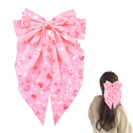 Large Ribbon Hair Bow Clip Anniversary Accessories for Women Red Love Heart Pattern Hair Clips Decor Valentines Day Barrettes for Girls Wife Oversize Long Tails Bow Clip