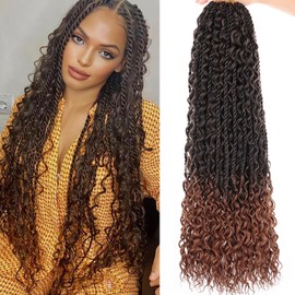 Samtress 24 Inch Boho Senegalese Twist Crochet Hair 9 Packs Pre-Looped Island Twist Crochet Braids with Curls for Women Ombre Brown Goddess Boho Twist Crochet Braids Synthetic (#T30)
