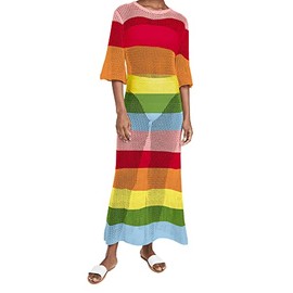 LANNEW Women's Crochet Cover Ups for Bikini Swimsuit Half Sleeve Bathing Suit Rainbow Swimwear Long Beach Dresses