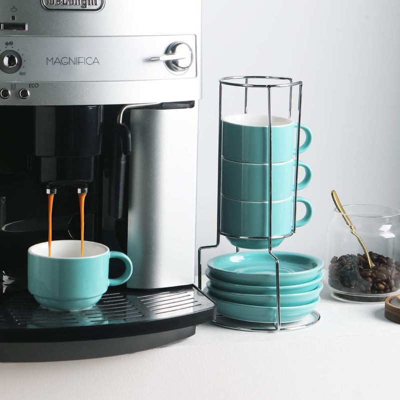 SWEEJAR Porcelain Espresso Cups with Saucers, 4 Ounce Stackable Cappuccino