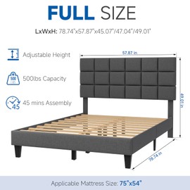 BedsPick Full Bed Frame with Modern Geometric Linen Upholstered Adjustable Headboard, Platform Bed Frame with Heavy Duty Feets, Space-Saving Under-Bed Storage, Easy Assembly, Grey