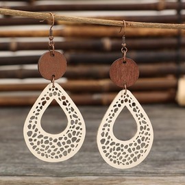 Azusa Sun Geometric Teardrop Earrings Retro Hollow Out Leather Earrings Beige Large Dangle Earrings Christmas Jewelry Gifts for Women
