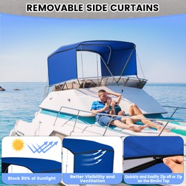 3 Bow Bimini Tops for Boat, 6' L x 46" H x 54"-60" W Boat Canopy with 2 Removable Side Curtains, 4 Adjustable Windproof Ropes, Marine Grade Canvas for Sun Protection, 1" Aluminum Frame, Blue