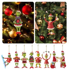 Grinch Christmas Decorations, Hanging Ornament, Christmas Tree Decoration Pendant, Home, Automotive, Party Christmas Decorations (Green 01), Pack of 8