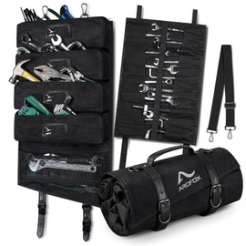 ARCFOX Vintage Oil Waxed Canvas Roll Up Tool Bag Tool Roll, 25 Pockets with 5 Detachable Large Pouches+1 Tool Roll, Tab Window 15L Tool Bag Roll, Tool Storage Bag, Tool Roll Organizer Black