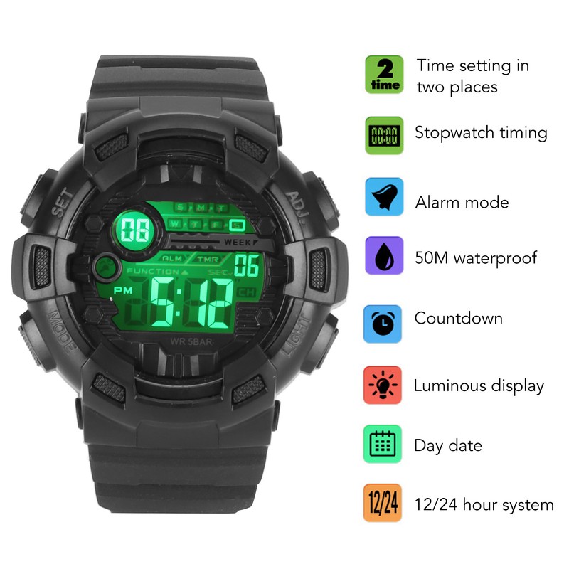 Men Dual Time Sports Watch Outdoor Waterproof PU Strap Digital