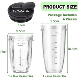 Blender Cups Replacement for Ninja, 24oz & 18oz Smoothie Blender Cups with Lids Compatible with Ninja Auto-iQ Blender BN750UK BN495UK TB301UK TB401UK Food Processor BN800UK CB100UK CB350UK, 2 Pack