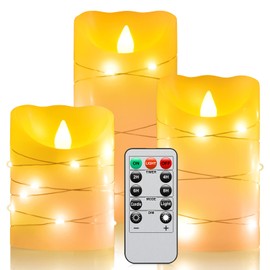 Flameless battery Operated LED candles with 11 Key remote control 24-hour timer Set of 3， With embedded string lights electric flickering pillar Real Wax ，Party, Wedding, Home Decoration(lvory)