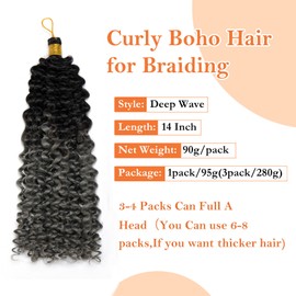S-noilite Curly Braiding Hair,Marlybob Crochet Braids Hair Extensions 14 Inch Deep Wave Afro Kinky Jerry Curl Pre Stretched Ombre Braiding Hairpiece for Black Women,1 Pack 100g,Black to Grey