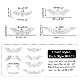 PH PandaHall Angle Wing Beads, 160pcs 8 Styles Wing Spacer Beads Bright Silver Tibetan Style 12~32mm Alloy Retro Fairy Wing Charm Beads for Jewelry Keychain Gift BagTree Hanging