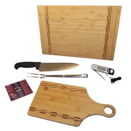 Cutting Board Set - 2 Wood Cutting Boards with Butcher Block Inlay, Chef Knife, 2-Tine Serving Fork, Recipe Card and Meat Thermometer for Kitchen Cutting Board Prep