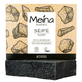 Meina Naturkosmetik - Schwarze Seife mit Aktivkohle gegen Pickel, Naturseife für fettige und unreine Haut ohne Palmöl, Zertifiziert, Vegan, Nachhaltig, Handgemacht, Wie ein festes Duschgel - 100g