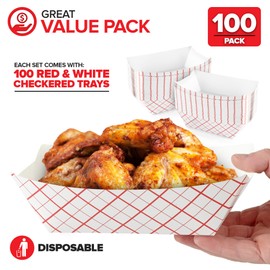 100-Pack 3 lb Paper Food Trays – Red & White Checkered Disposable Paper Food Boats, Eco-Friendly Serving Trays for Concessions, Nachos, Snacks & Condiments – 5.75" x 3"