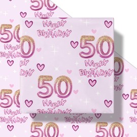 RUSPEPA 50th Birthday Wrapping Paper Women, Hearts and Pink Number 50 Balloons Happy Birthday Design, 50 Years Old, Mini Roll, 17 Inches x 16.4 Feet, Perfect for Women' Party Gifts