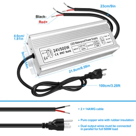 24V 500W LED Power Supply, IP67 Waterproof LED Driver, Low Voltage Transformer, AC 90-140V to DC 24V 20.8A Converter with 3-Prong Plug 3.3 Ft Cable for Outdoor LED Light, Landscape Light, Industrial
