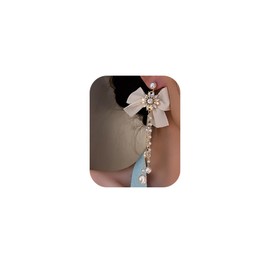 Wekicici Tassel Bow Pearl Earrings Boho Lightweight Dangle Pearl Drop Long Bar Earrings Silver Stud Hoops Earrings for Women