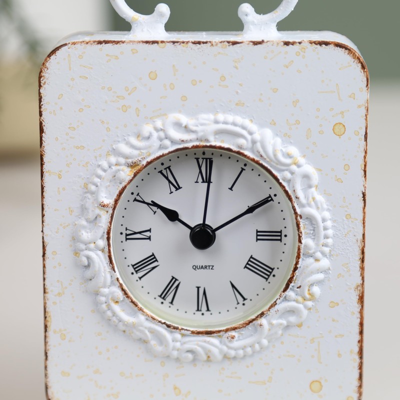 Fyne-Finds 17cm Antique Metal White Carriage Table Mantle Roman Clock