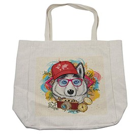 Lunarable Husky Shopping Bag, Hipster Dog Image on Smudged Watercolor Background with Cap Sunglasses Retro Compass, Eco-Friendly Reusable Bag for Groceries Beach and More, 15.5" X 14.5", Cream