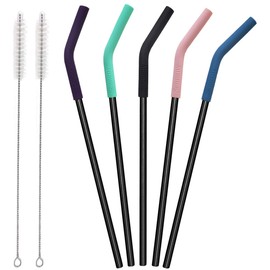 Senneny Set of 5 Stainless Steel Straws with Silicone Flex Tips Elbows Cover, 2 Cleaning Brushes and 1 Portable Bag Included (6mm diameter, Black)