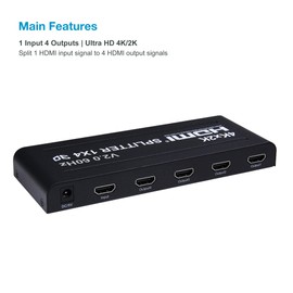 Expert Connect 1x4 HDMI Splitter | 4 Port | 1 in - 4 out | Ultra HD 4K/2K @ 60Hz (60 fps), HDR | HDMI 2.0, HDCP 2.2 | Full HD/3D | 1080P | DTS | Digital Sound | Direct TV | 18 Gbps