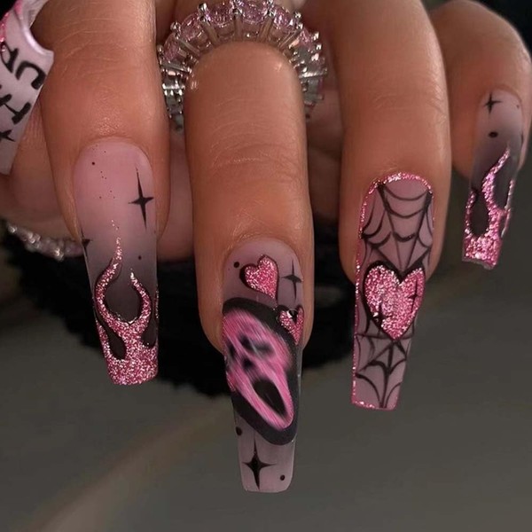 Halloween Press on Nails Long Coffin Fake Nails Pink Glitter