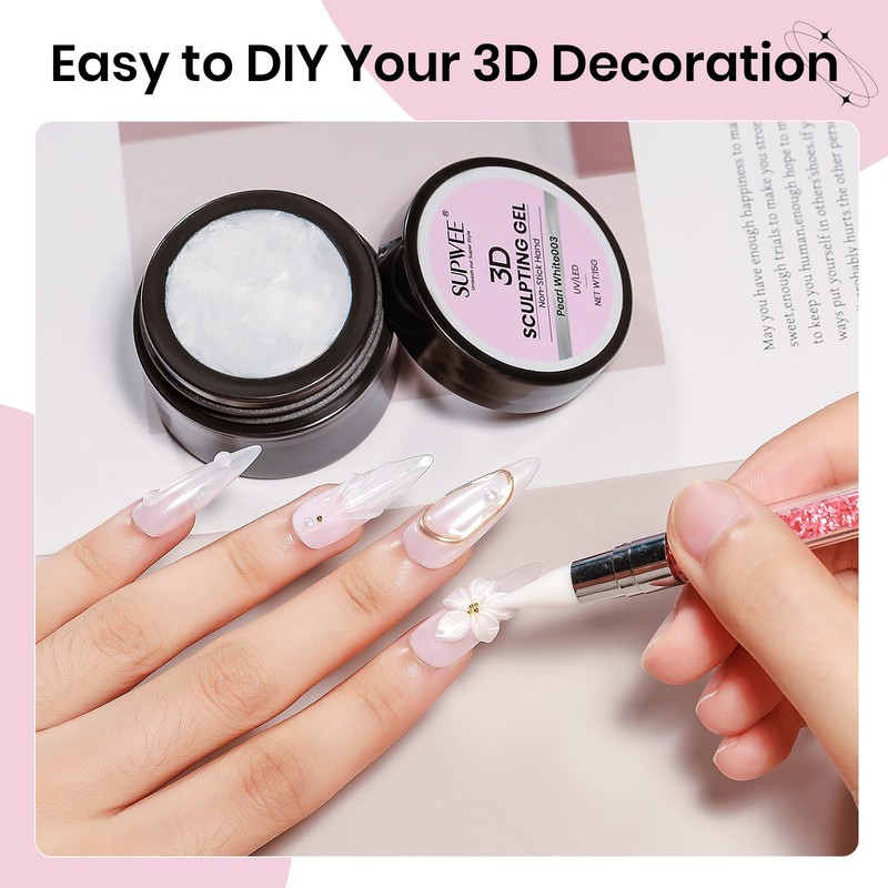 SUPWEE 3D Nail Gel Art Pearl White,Solid Gel for Nails