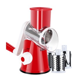 Ancevsk Rotary Cheese Grater Shredder, Speed Kitchen Manual Round Mandolin Slicer Safe Grinder with 3 Interchangeable Blades for Nuts, Carrot, Hashbrown, Garlic, Walnut, Potato, Chocolate (Red)