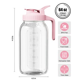 64 oz Glass Pitcher with Lid, Large Wide Mouth Mason Jar Pitcher with Pour Spout, Pink Sun Tea Glass Jar for Outside, Glass Water Pitcher Great for Drink, Cold Beverages and Breast Milk