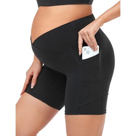 HOFISH Maternity Biker Shorts Over The Belly Maternity Athletic Shorts with Pockets 5"/8" Black S