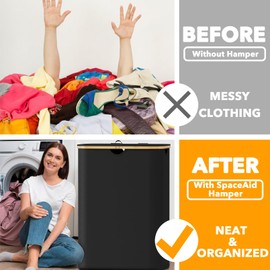 SpaceAid Laundry Hamper with Lid 2 Section, 160L Clothes Basket with Bamboo Handles, Large Collapsible Laundry Hamper for Bedroom, Bathroom, Dorm, Laundry Room - Black