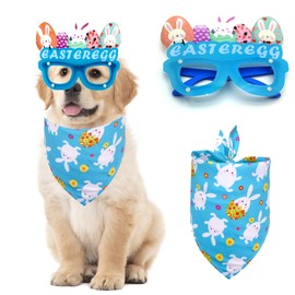 Easter Dog Bandana 2 Pack Rabbit Egg Glasses Frame Triangle Scarf Set for Boy and Girl, Easter Dog Costumes for Medium Puppy Cats Party Supplies Eyeglasses Easter Photo Props Accessory (Blue)
