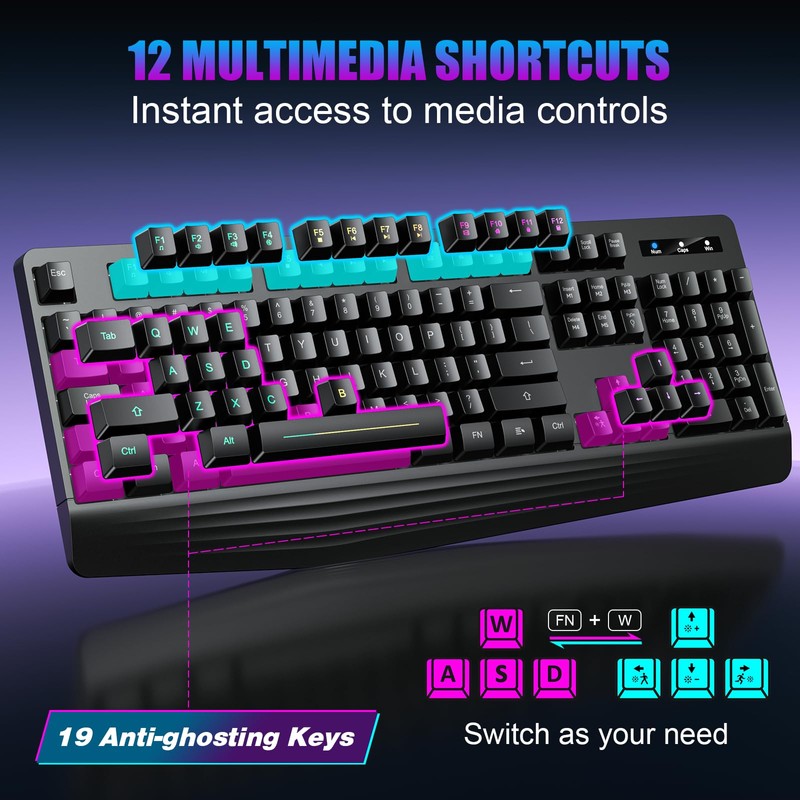 Wireless Gaming Keyboard, RGB & Single-Color Backlit, Full-Size Waterproof Computer