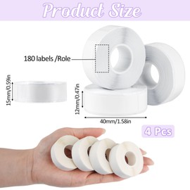 4 Rolls Label Tape Suitable for Label Printers Waterproof 12 x 40 mm Label Tape Print Barcode, Name, Date, Price etc. Suitable for Home, Office, School (White, 180 Labels/Roll)